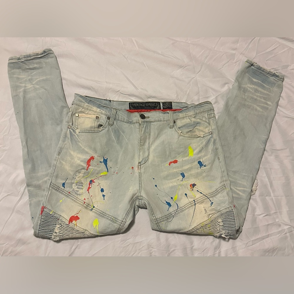 HERITAGE AMERICA Distressed Paint Splatter Light Blue Jeans X Size : 42 x 34